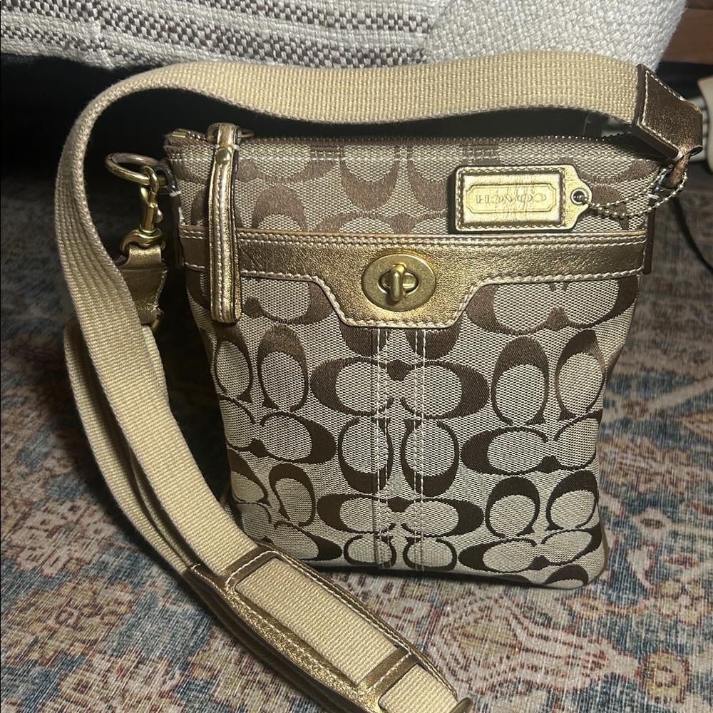 Coach Tan and Gold Signature Crossbody